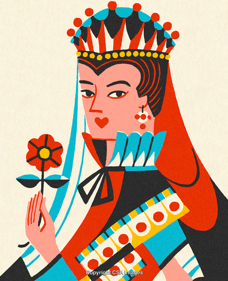 Stylized Illustration of a Queen with Royal Attire and Floral Motif