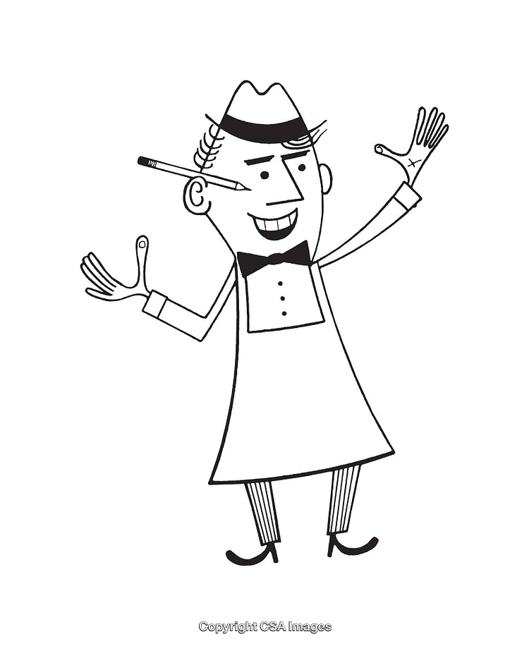 Vintage Style Black and White Line Art Male Character Illustration
