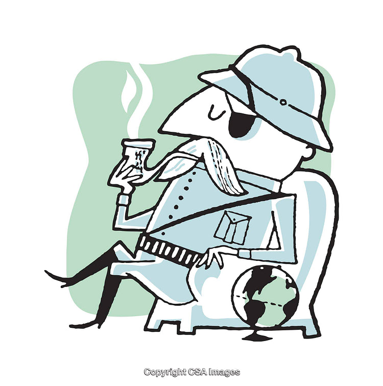 Whimsical Illustration of Explorer Relaxing with Coffee Holding a Globe Nearby