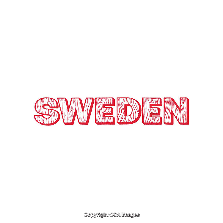 Red Sweden Text with Wooden Texture on White Background