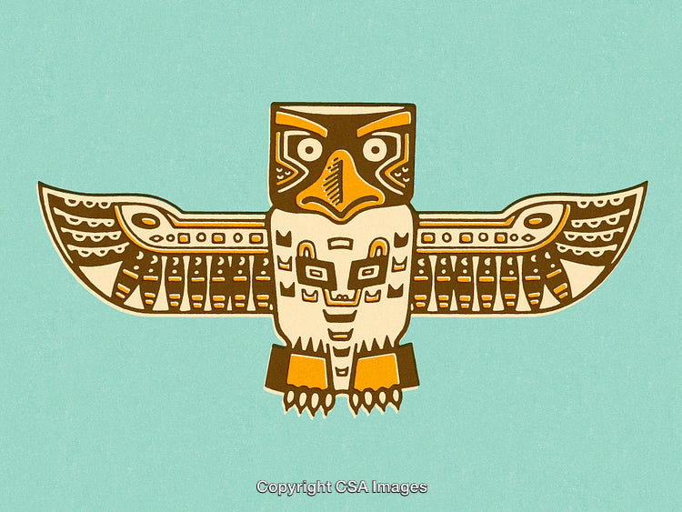 Abstract Totem Pole Art with Eagles and Tribal Geometric Patterns