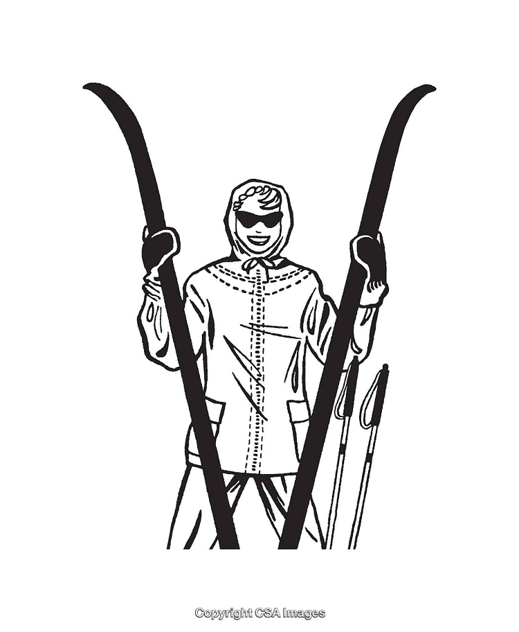 Black and White Line Art Illustration of a Smiling Ski Enthusiast