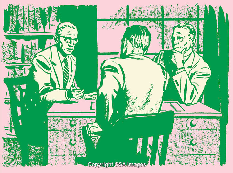 Vintage Line Art of a Business Meeting Discussion at a Desk