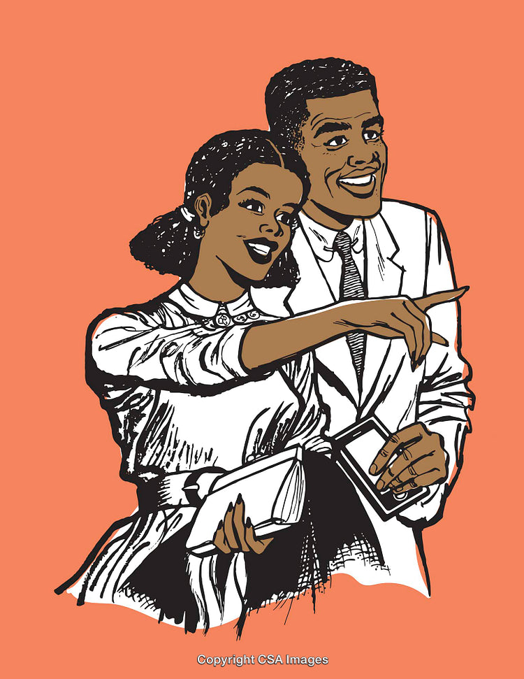 Vintage Illustration of Smiling Couple Pointing and Holding Books