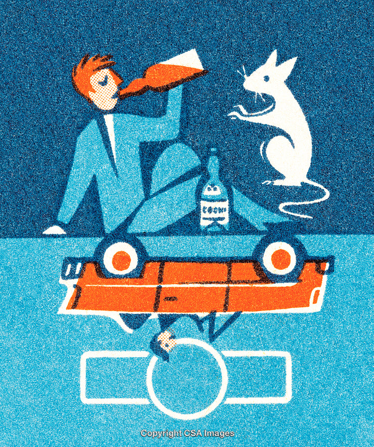 Colorful Cartoon Illustration Featuring a Man, Mouse, and Situational Humor