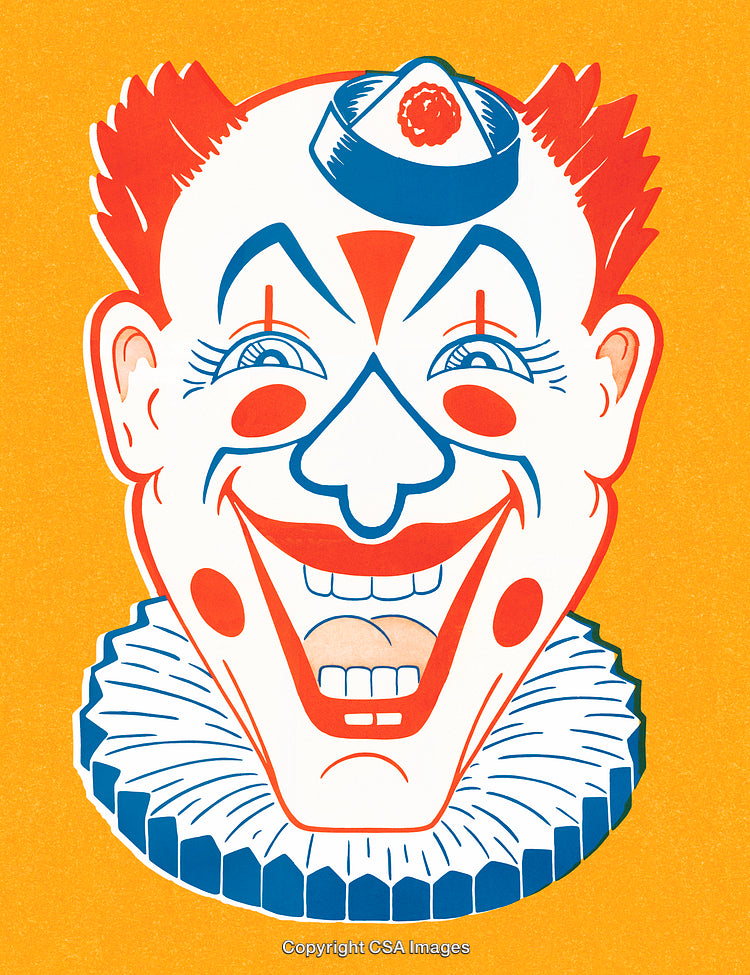 Colorful Retro Clown Illustration with Bright Red and Yellow Details