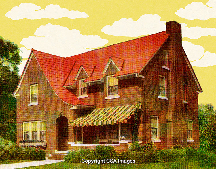 Charming Brick Home with Red Roof and Striped Awning on Sunny Day