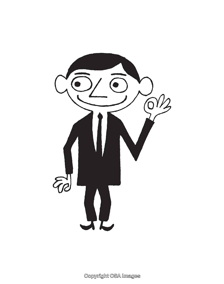 Black and White Illustration of a Smiling Person in a Suit Waving