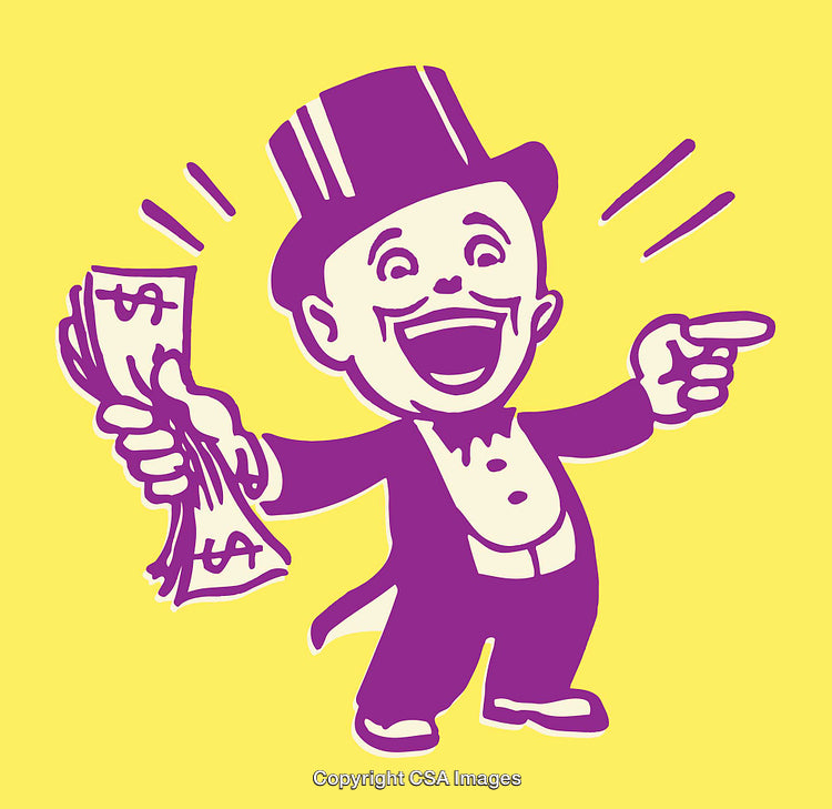 Excited Cartoon Character Holding Money on Vibrant Yellow Background