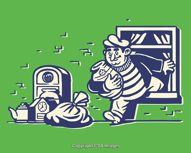 Illustrated Burglar Exiting Through a Window Holding Stolen Items