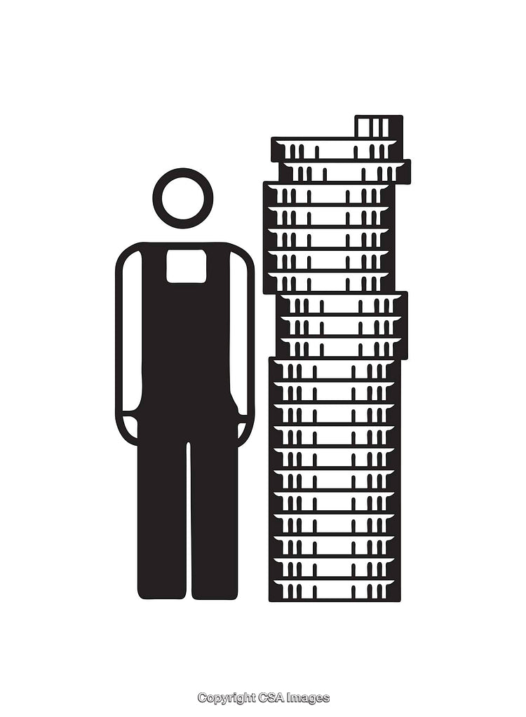 Black and White Icon Illustration of a Person Beside a Stack of Coins