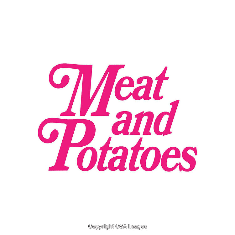 Elegant Typography Displaying 'Meat and Potatoes' in Pink on White Background
