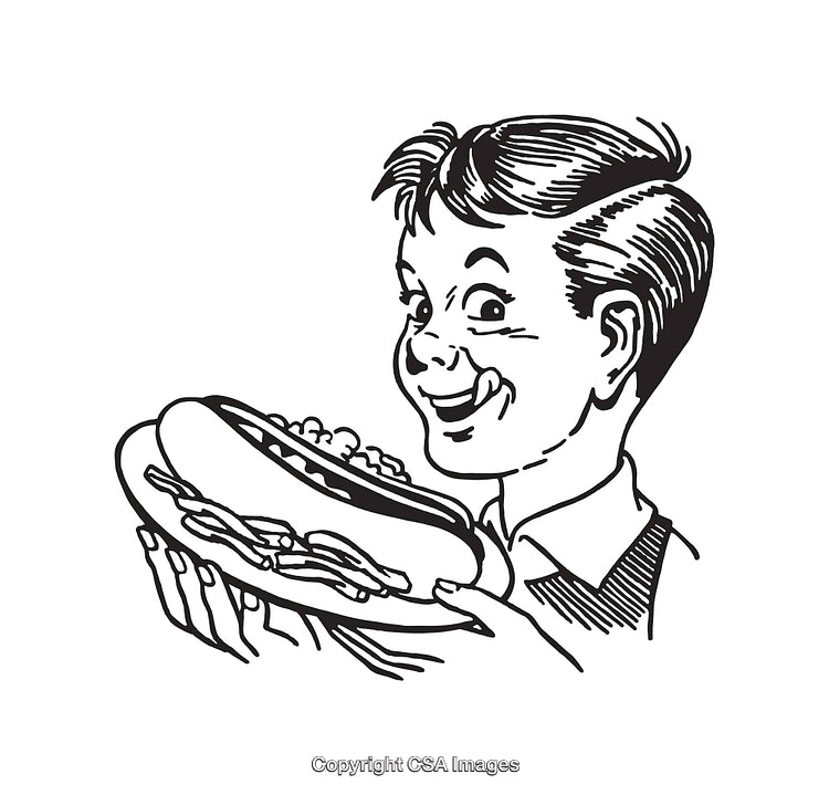 Vintage Black and White Illustration of a Boy Enjoying a Hot Dog