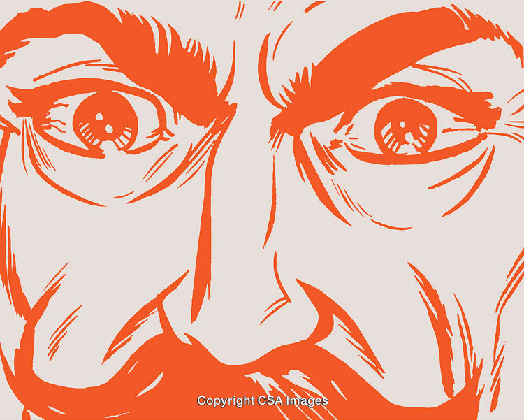 Bold Orange Illustrated Human Face Featuring Intense Eyes and Powerful Expression