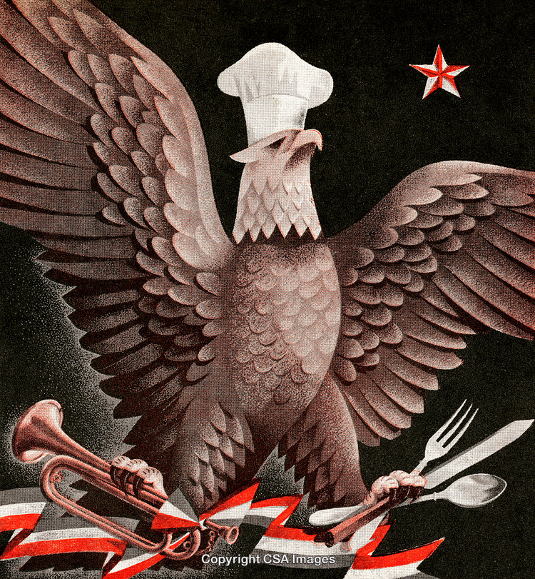 Artistic Depiction of an Eagle Wearing a Chef Hat Holding Cutlery