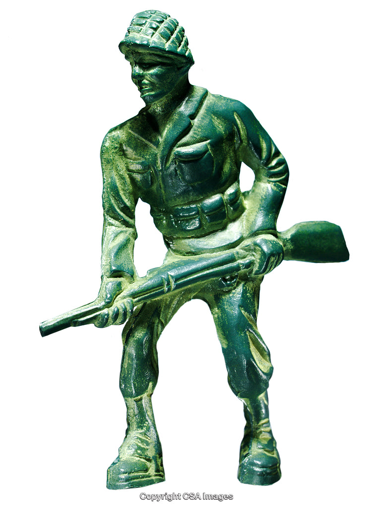 Green Plastic Soldier Figure Holding Rifle Isolated on White Background