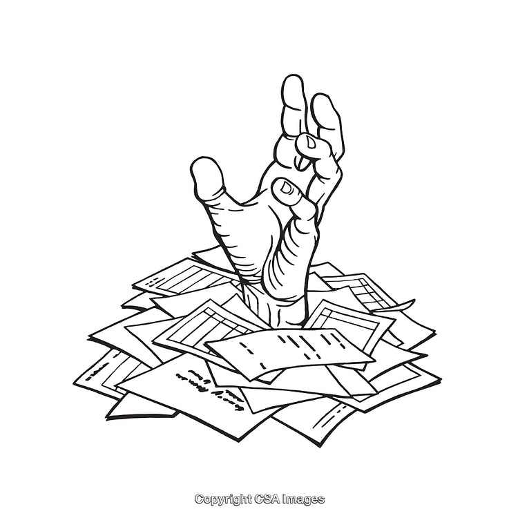 Hand Desperately Reaching from Overwhelming Paperwork in Black and White Art