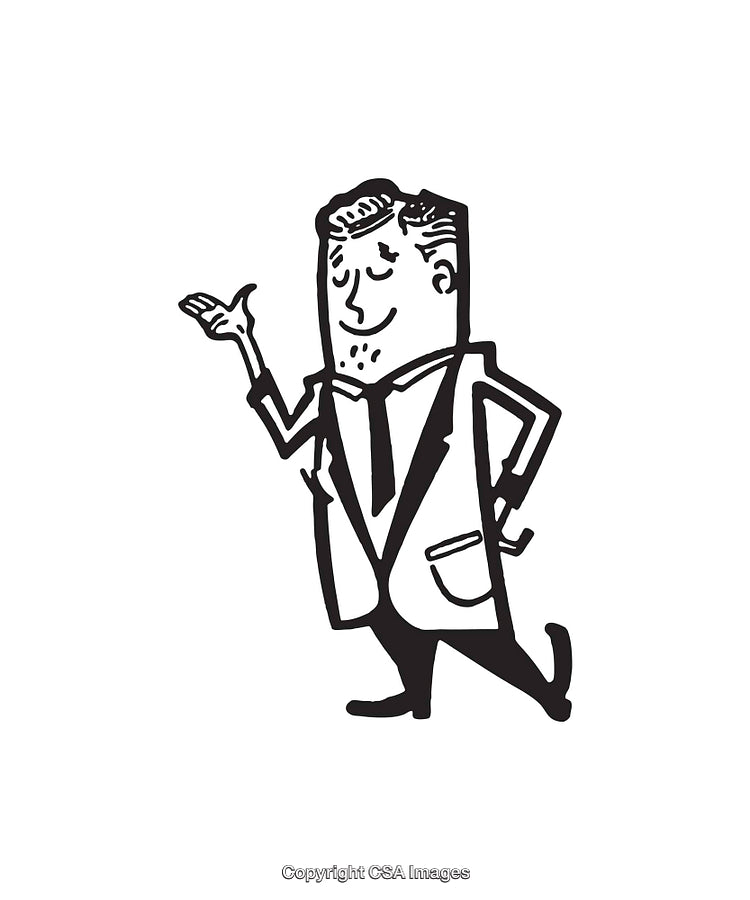 Retro Styled Black and White Line Art Businessman Illustration