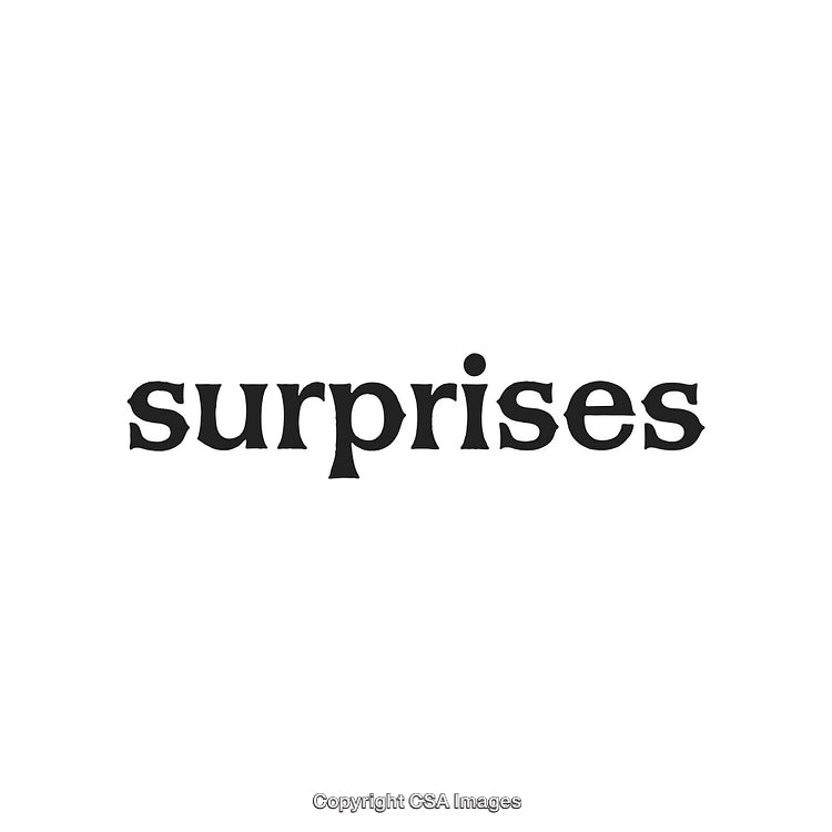 Black Text Reading 'Surprises' on a White Minimalist Background