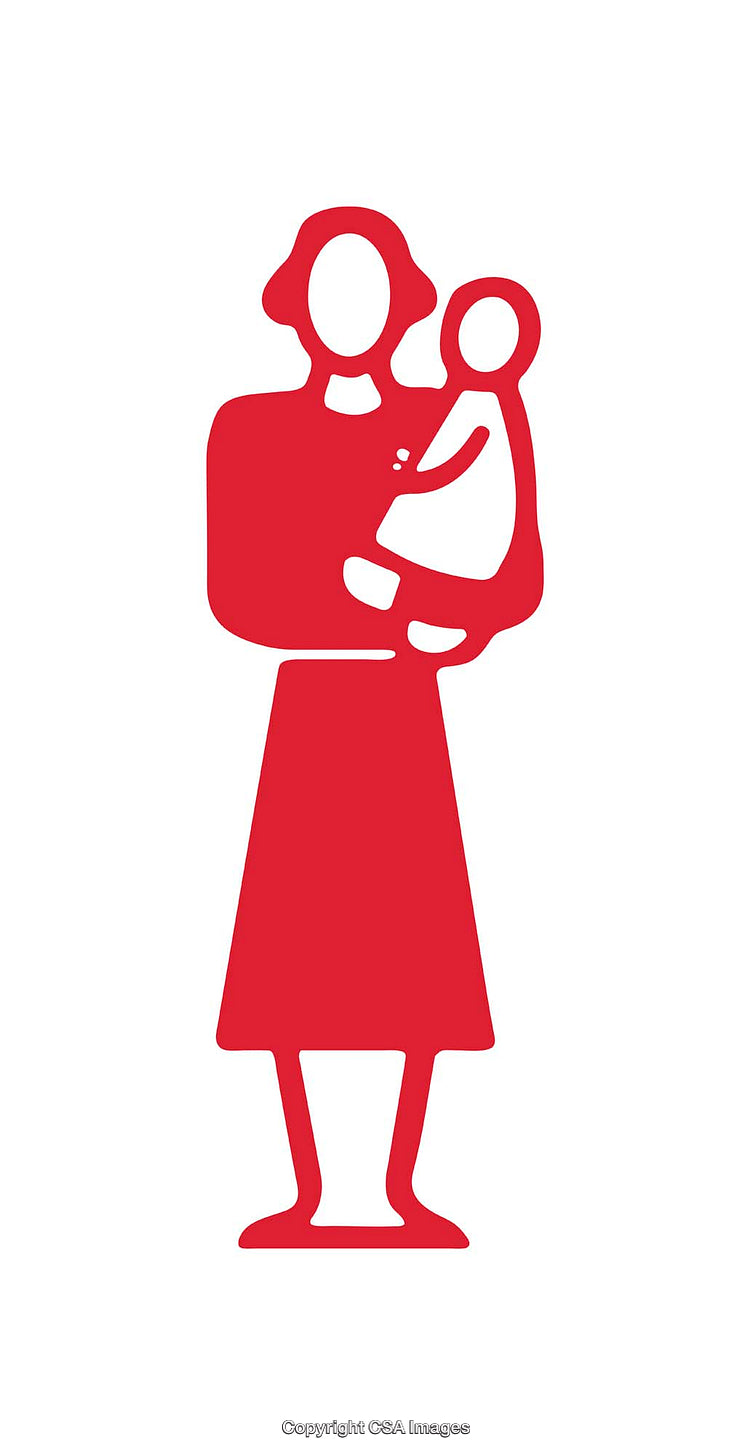 Simple Icon Depicting Woman Holding Child in Minimalist Red Design