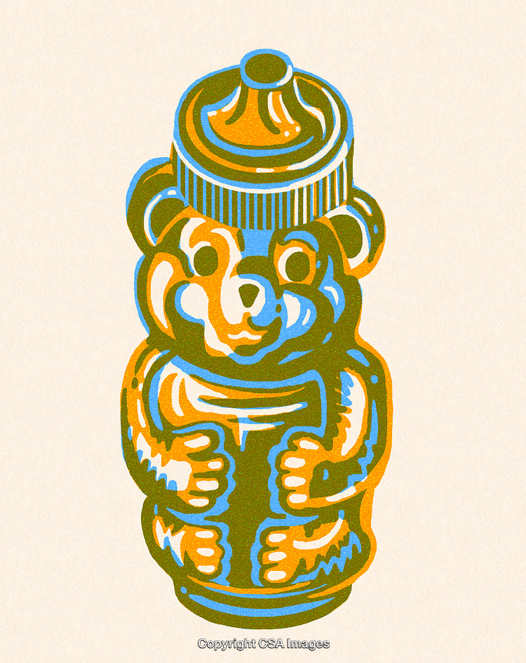 Stylized Illustration of a Teddy Bear Honey Bottle in Vibrant Tones