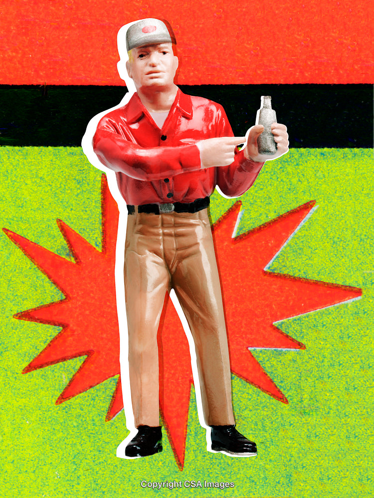 Retro Plastic Figurine of a Worker Holding a Bottle on Pop Art Background