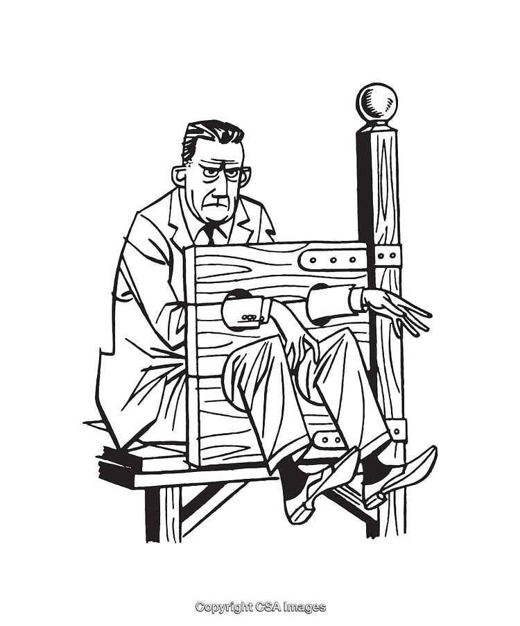 Black and White Line Art of Man Seated in Stockade