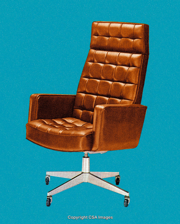 Retro Brown Leather Office Chair on Bright Blue Background