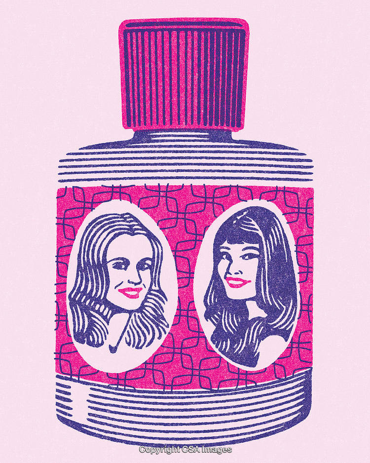 Retro-Style Illustration of a Bottle with Decorative Portraits and Patterns