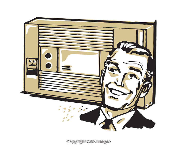 Vintage Illustration of Cheerful Man Beside Retro Household Appliance