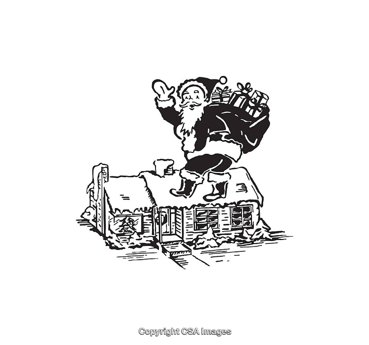 Santa Claus Delivering Gifts on a Snowy House Roof Drawing