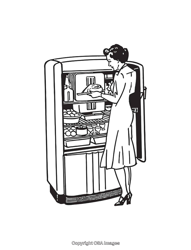 Vintage Line Art of Woman Using Refrigerator in Classic Style