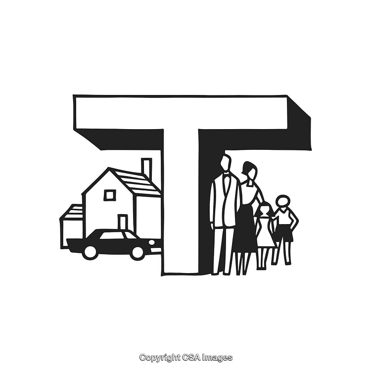 Illustration of Family, House, and Car Under a Large Letter T Design