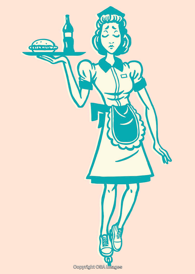 Retro Styled Waitress on Rollerskates Serving a Meal Illustration in Color