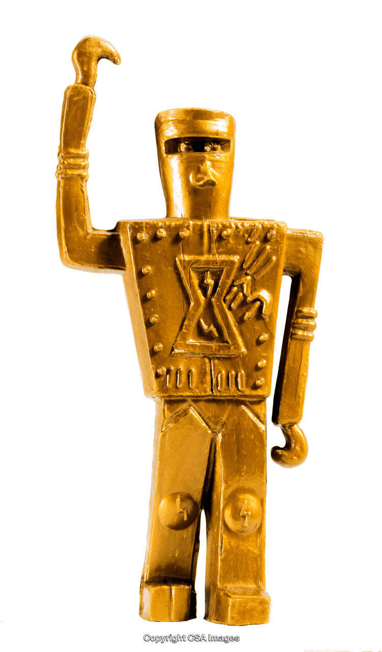 Golden Robot Figure with Raised Arm and Unique Detailing on White Background