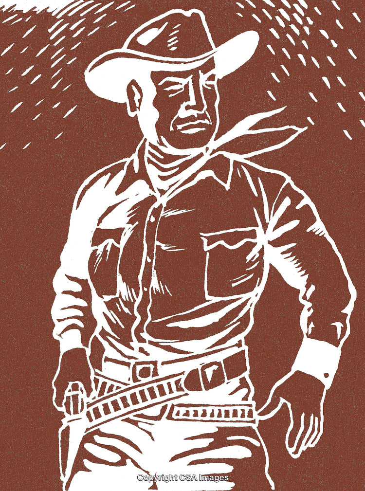 Silhouetted Cowboy with Hat and Bandana in Rustic Western Style Art