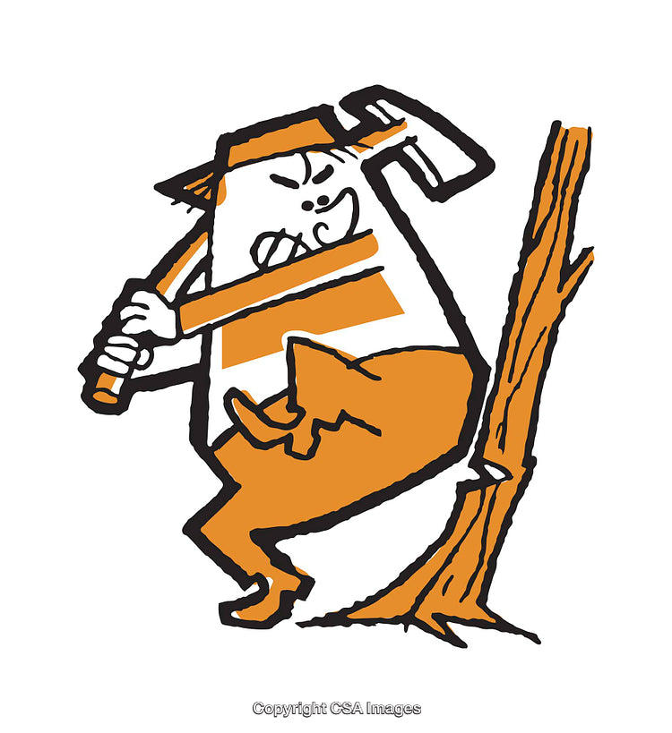 Illustrative Cartoon of Retro Logger Chopping Down Tree With an Axe