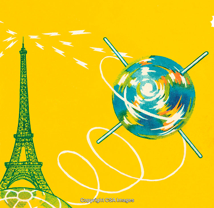 Colorful Illustration Featuring Eiffel Tower and Abstract Globe on Yellow Background