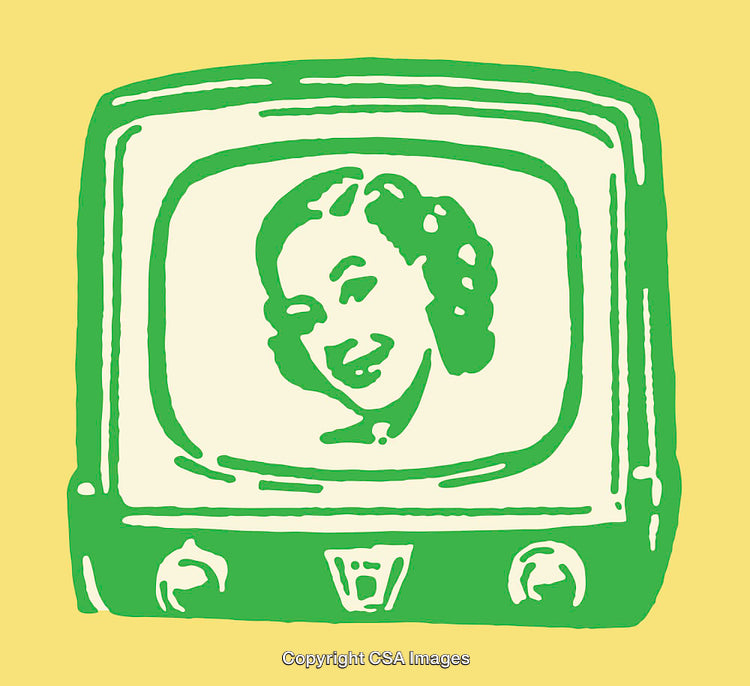 Retro Style Green Line Art Television Illustration with Happy Female Portrait