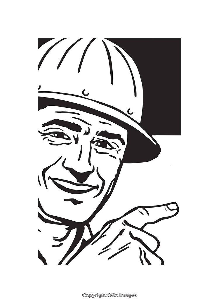 Black and White Line Art of Smiling Worker Pointing