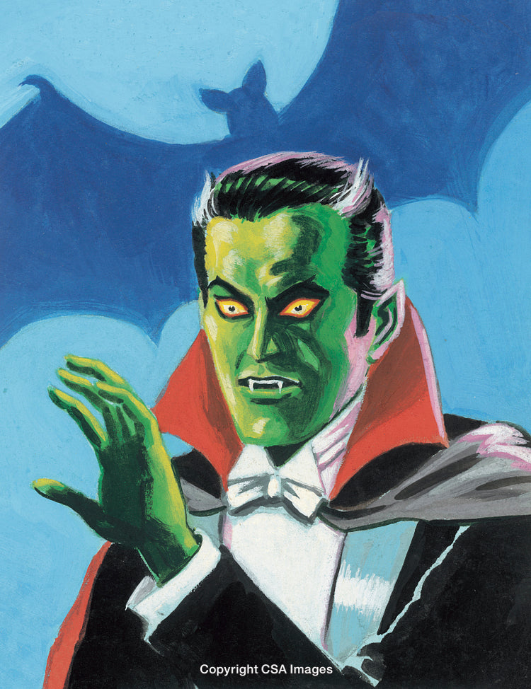 Colorful Illustration of a Dracula Figure with a Bat Silhouette