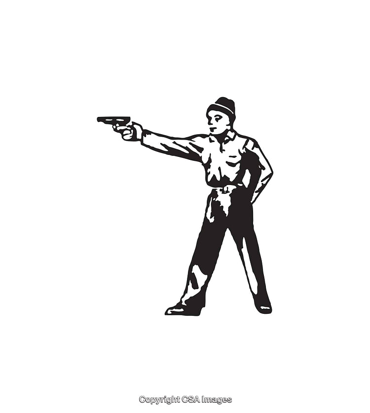 Black and White Illustration of a Man Aiming a Handgun