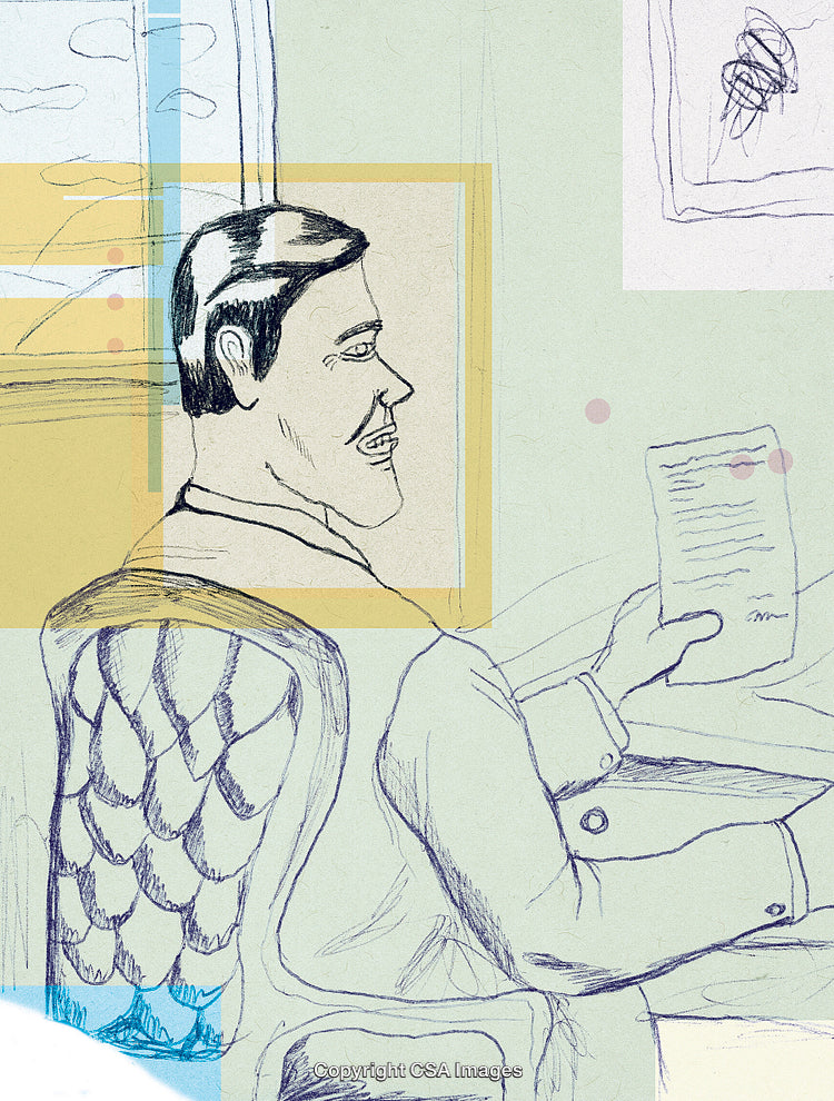 Illustrative Sketch of a Businessman Reading in a Formal Setting