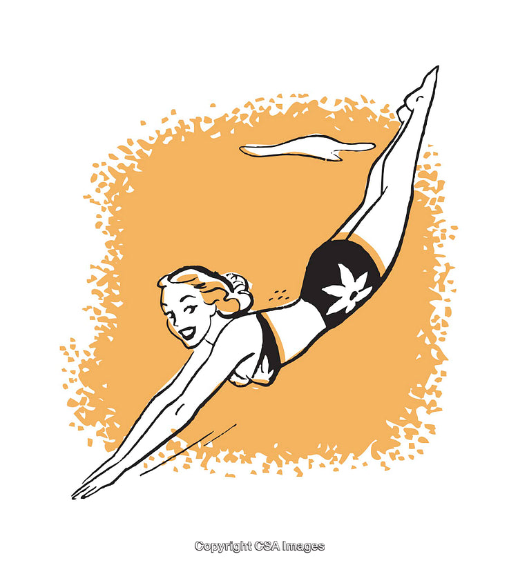 Stylized Vintage Illustration of a Woman Joyfully Diving Into Water