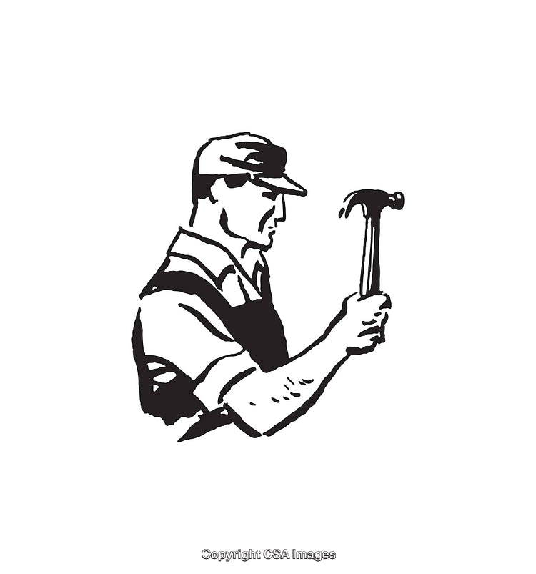 Black And White Line Art Illustration of Worker Holding a Hammer