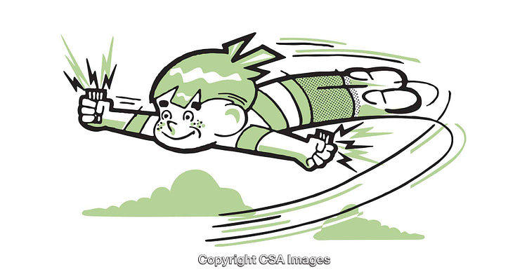 Playful Green Character Flying Fast with Energy Bursts in Pop Art Style