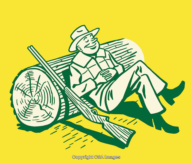 Man Relaxing on Log with Rifle in Vintage Green Line Art