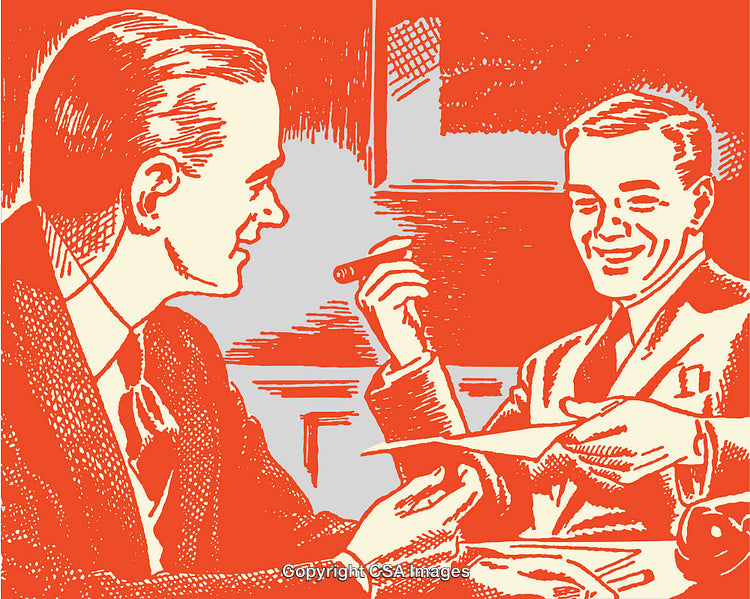 Vintage Line Art of Two Businessmen Sharing a Conversation and a Document