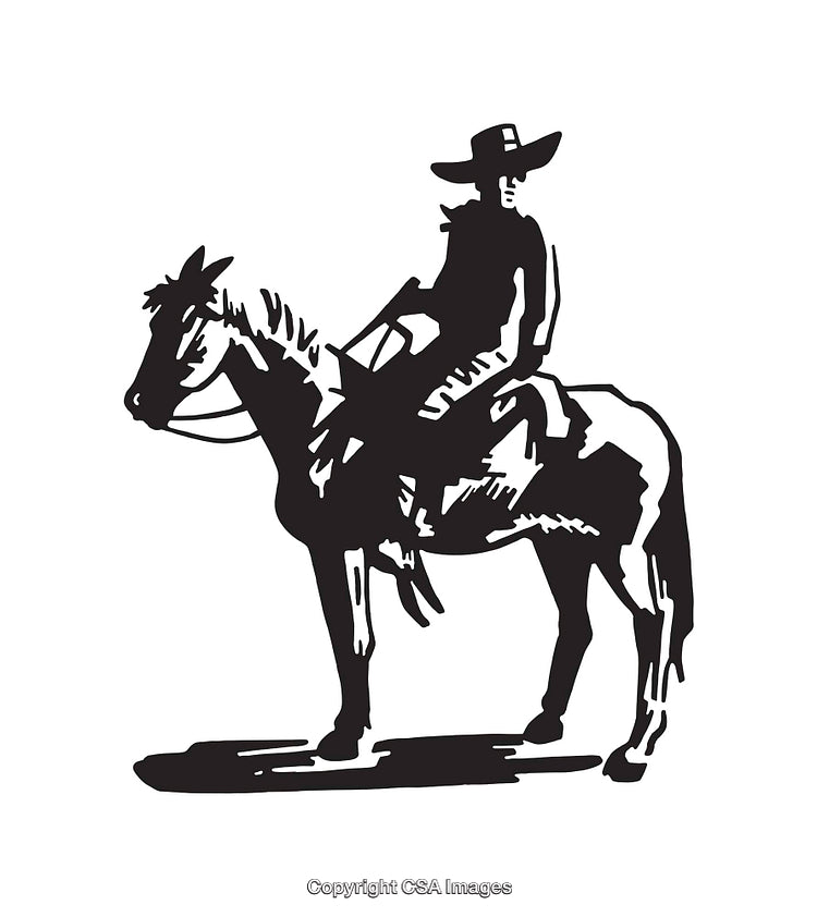 Black and White Line Art Illustration of a Cowboy on a Horse