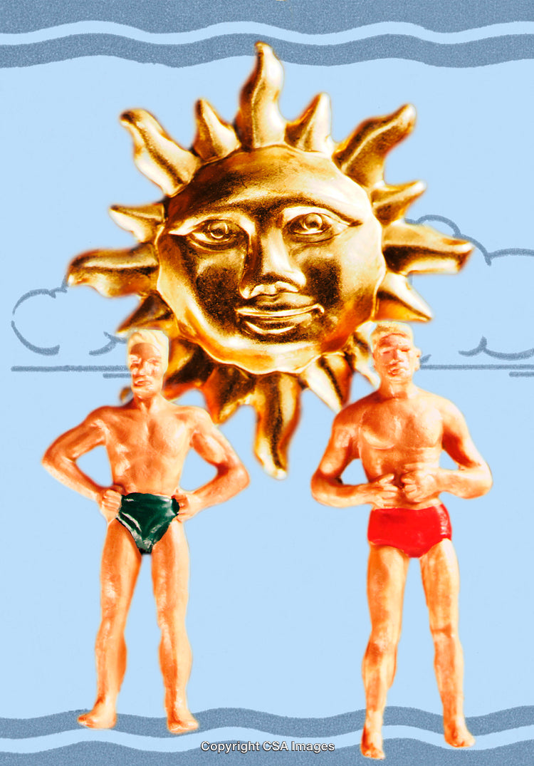 Two Figurines in Swimsuits with Artistic Sun Painting in Background